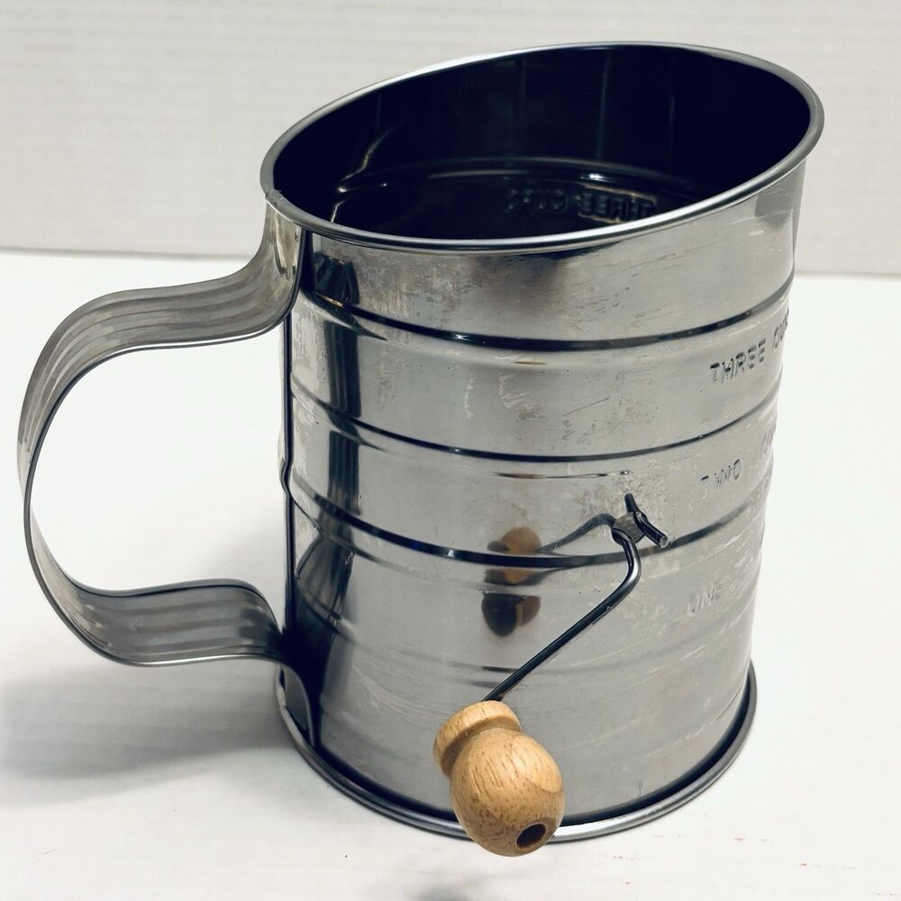 Vintage 3 Cup Hand Crank Flour Sifter Metal Wooden Knob Farmhouse Unbranded